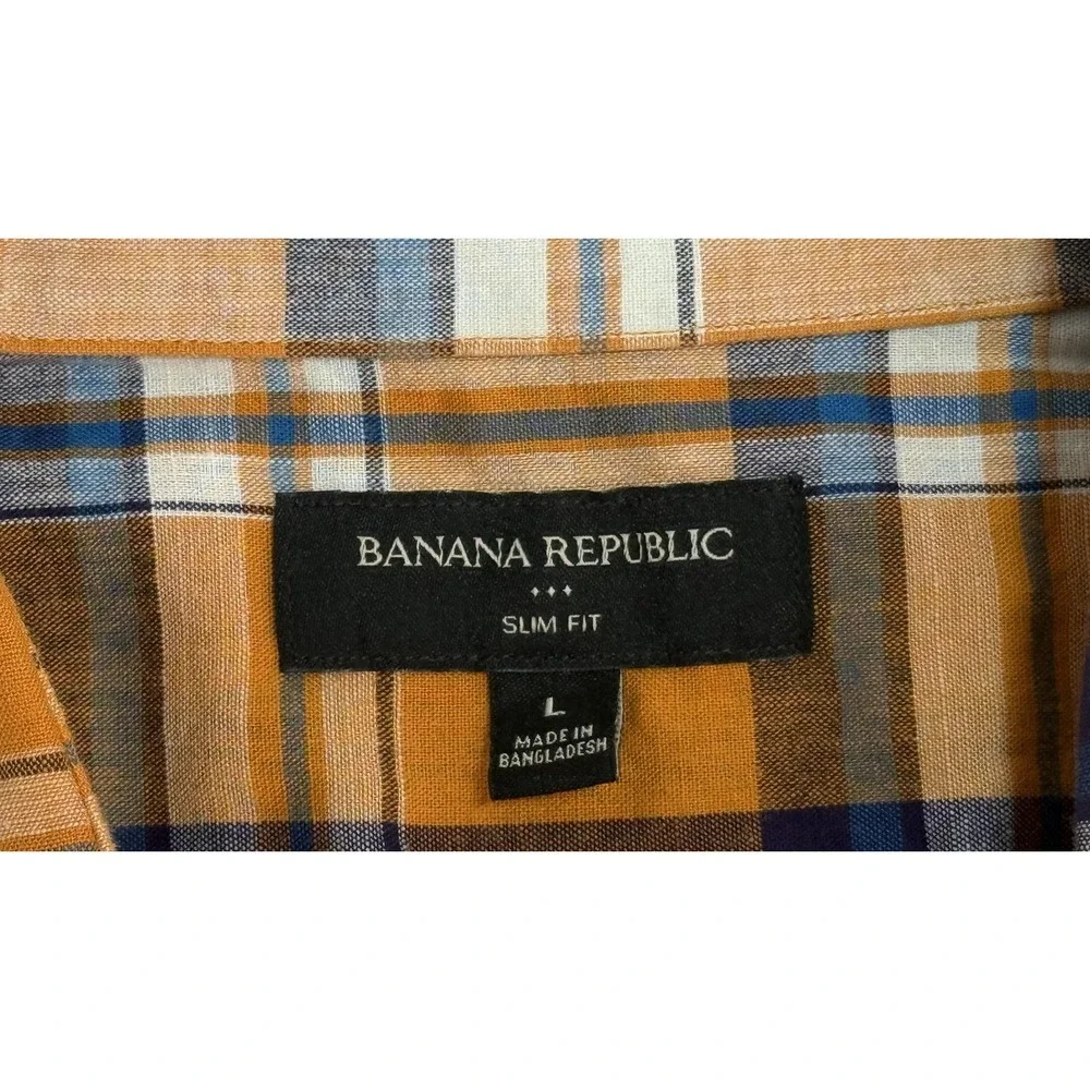 Banana Republic Shirt Mens Large Orange‎ Plaid Short Sleeve Slim Fit Casual